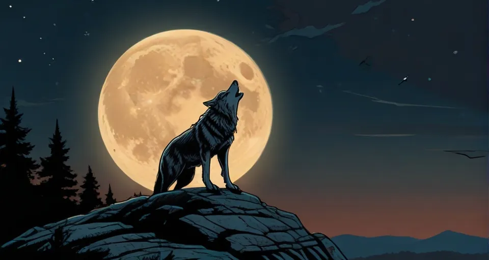 a wolf standing on top of a rock in front of a full moon