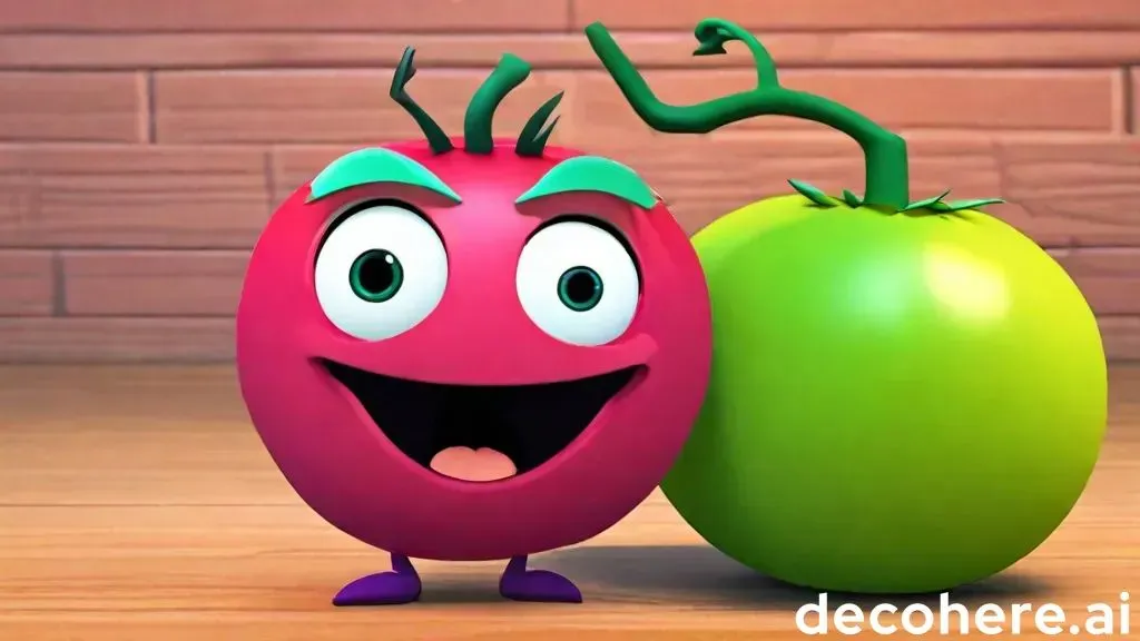 a cartoon tomato and a green tomato on a wooden table