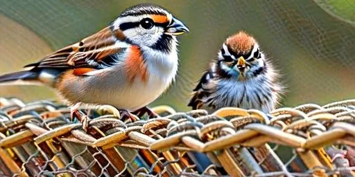 a couple of small birds sitting on top of a table and talking 