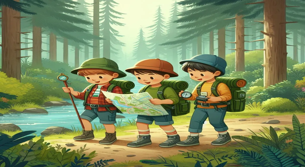 three children with backpacks looking at a map