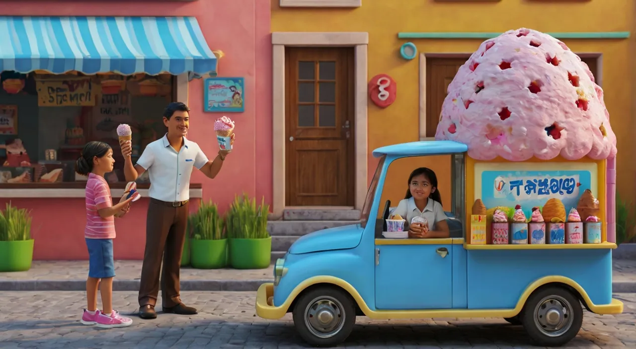 a man and a little girl standing in front of a ice cream truck