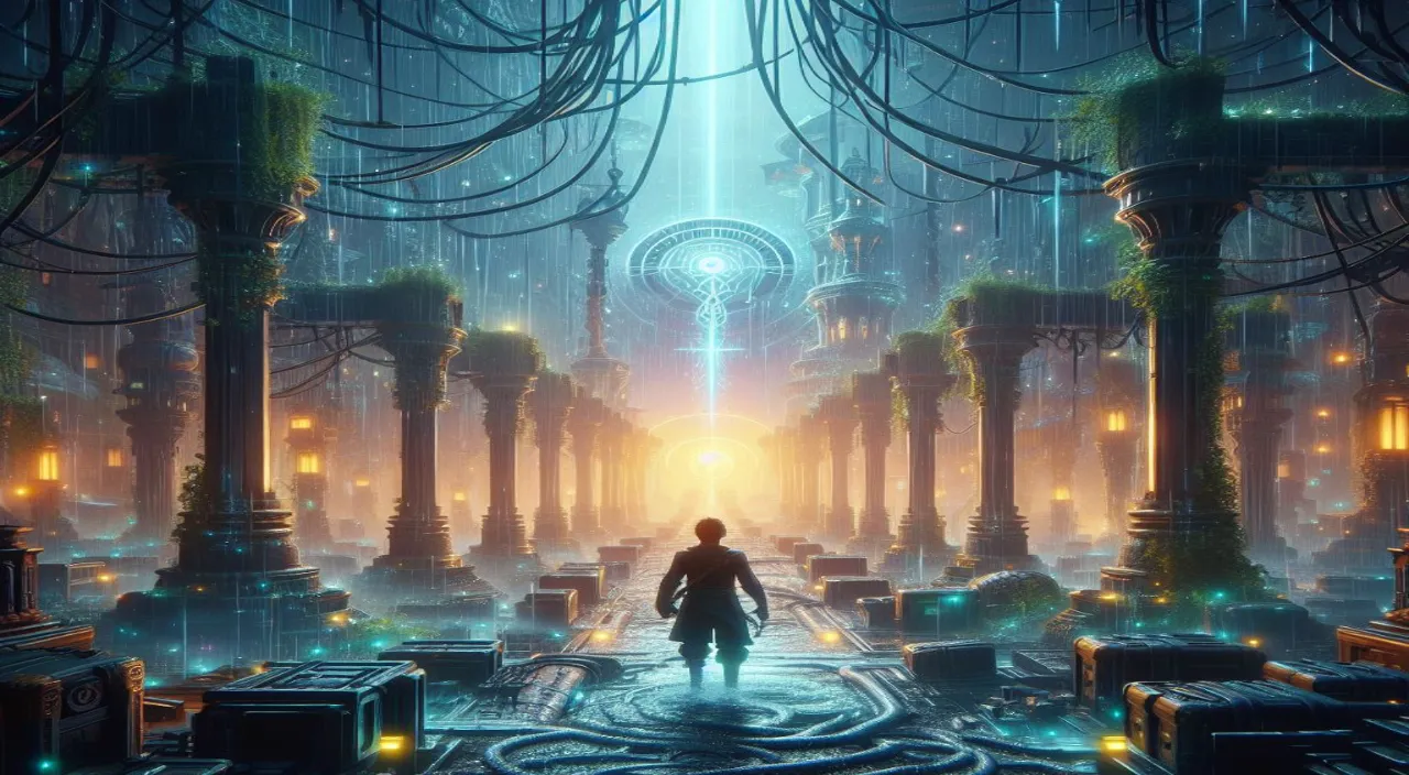 a man is walking through a futuristic city