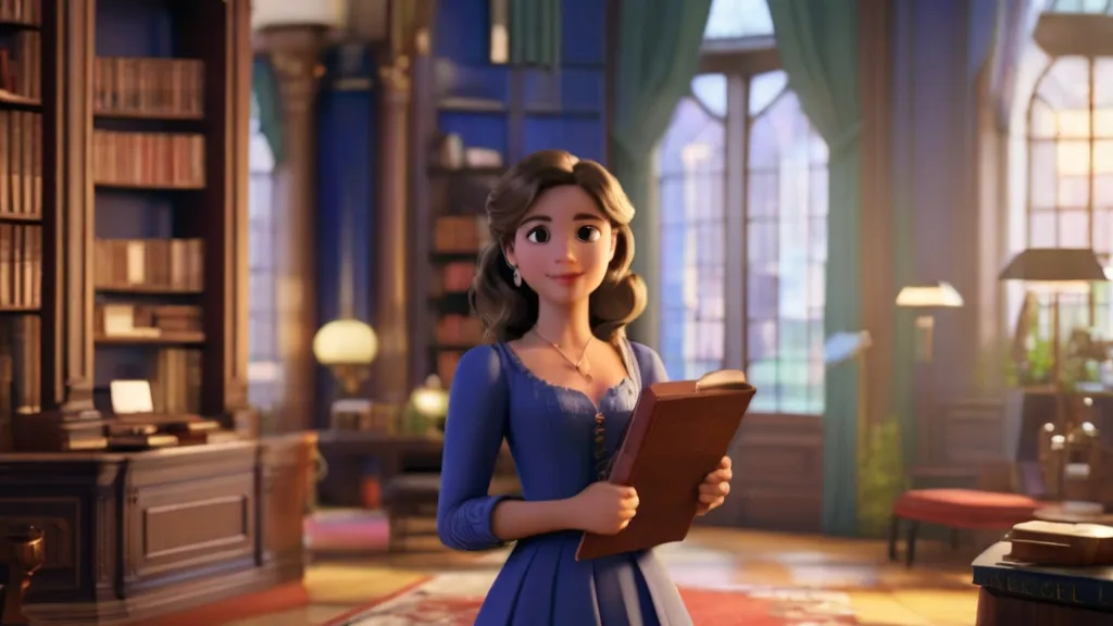 a woman in a blue dress holding a book