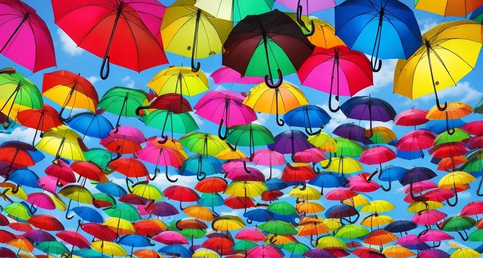 a bunch of colorful umbrellas floating in the air.