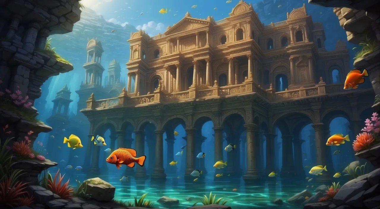 a painting of an underwater castle with fish