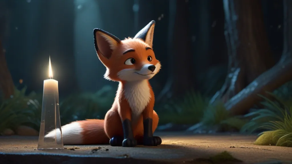 a fox sitting next to a candle in a forest