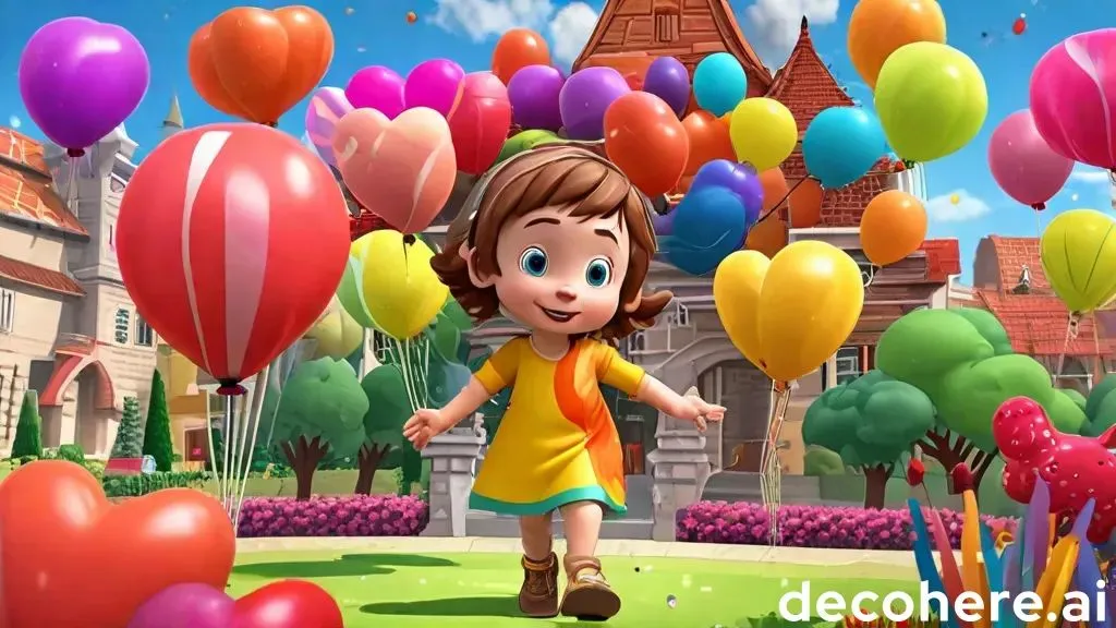 a girl is walking through a field with balloons