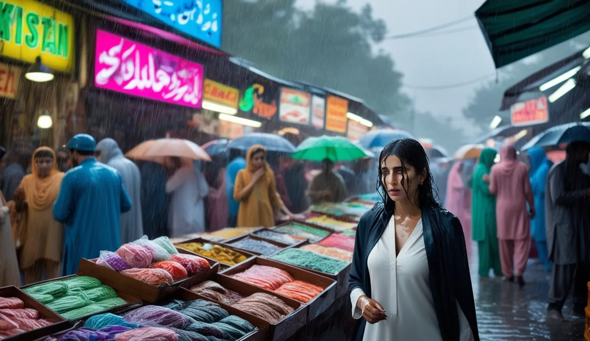 Monsoon Market (8K): Rain pummels a bustling bazaar, blurring neon signs. A lone Pakistani woman, tears mixing with rain, searches the crowd, her modern outfit a stark contrast to colorful displays.