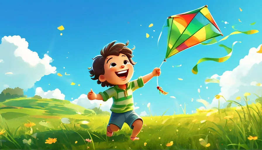 a young boy flying a kite in a field