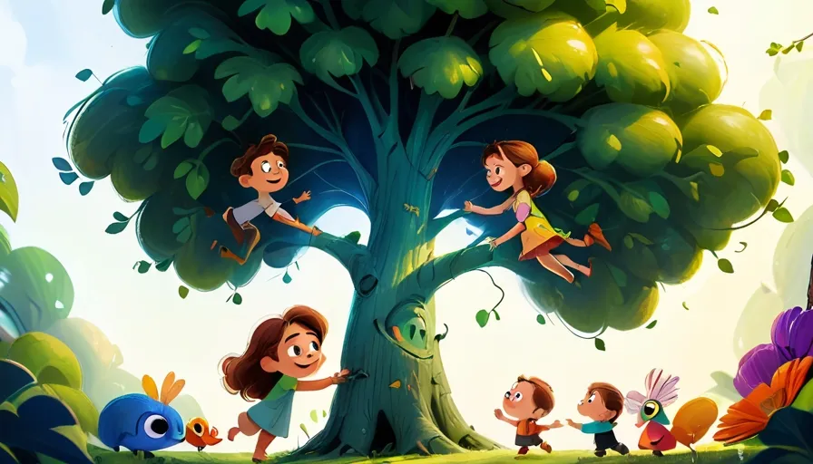 a group of children climbing up a tree