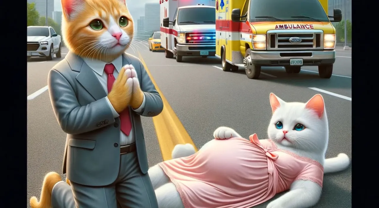 a man in a suit standing next to a cat