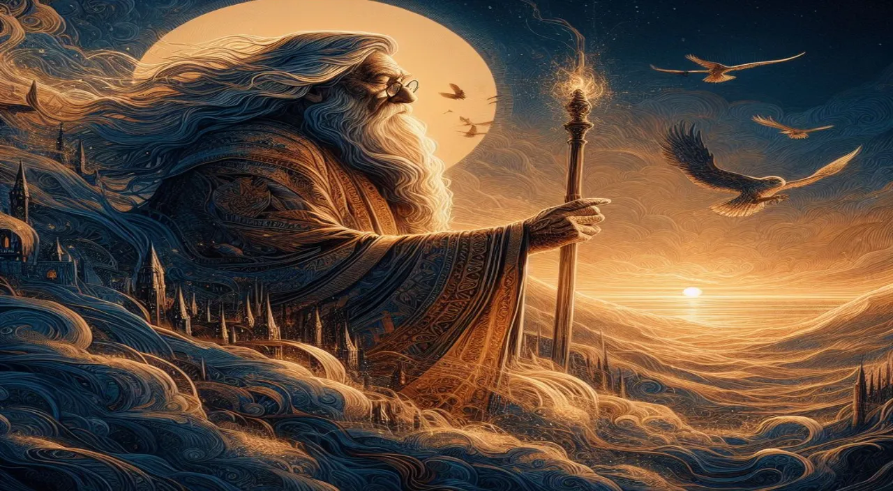 a painting of a wizard holding a staff