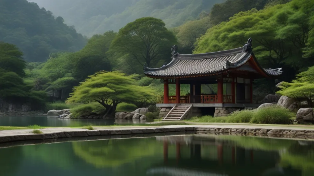 a pond with a pavilion in the middle of it