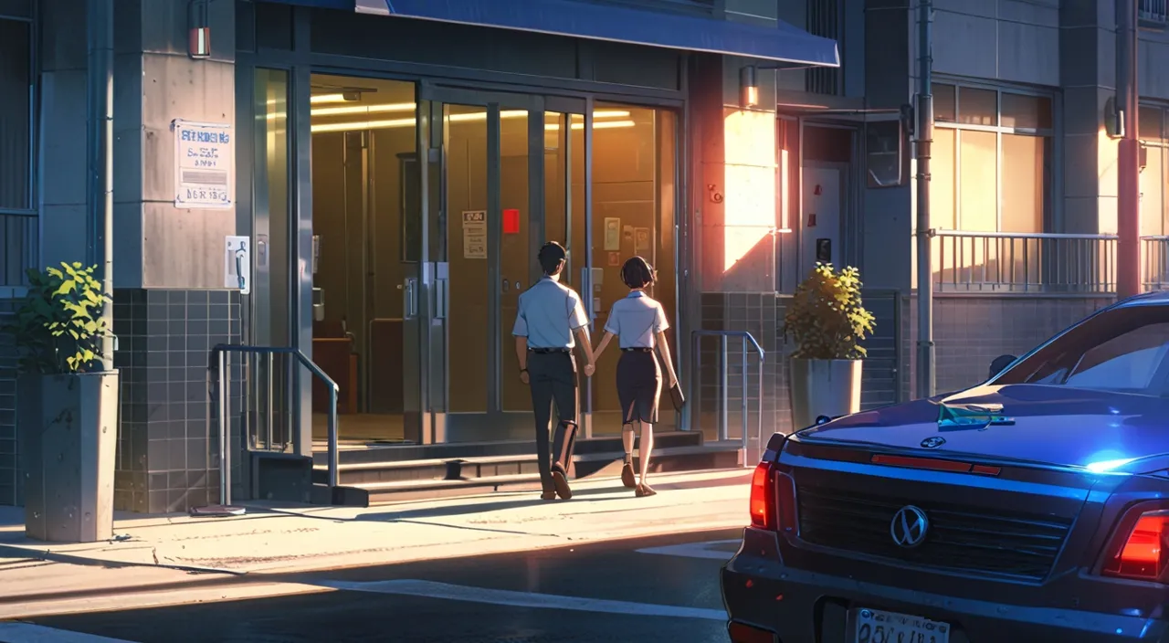 a boy and his parents are walking down a street next to police station