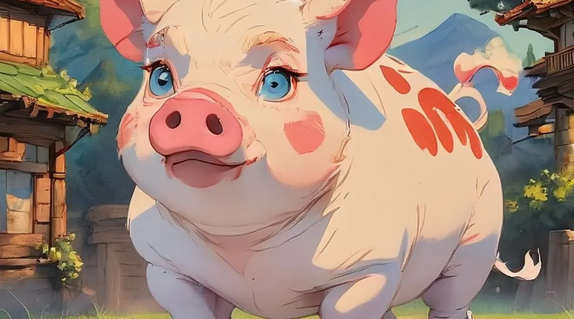 a pig with blue eyes standing in front of a house, ultra-detailed, 3d Pixar Animation