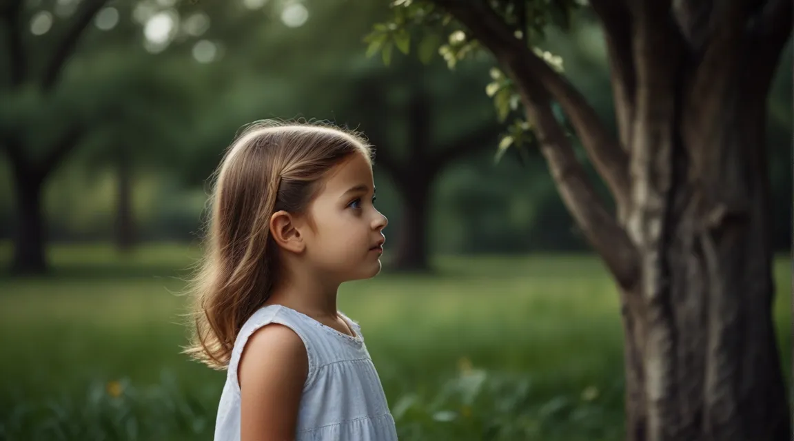 a little girl standing in front of a tree