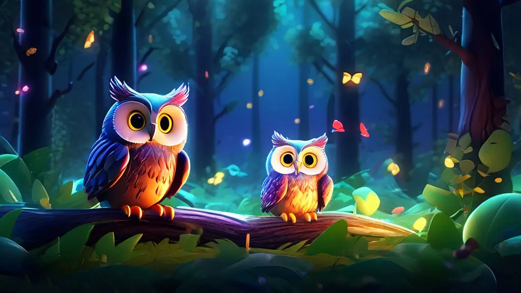 two cute owls sitting on a log in a forest at night