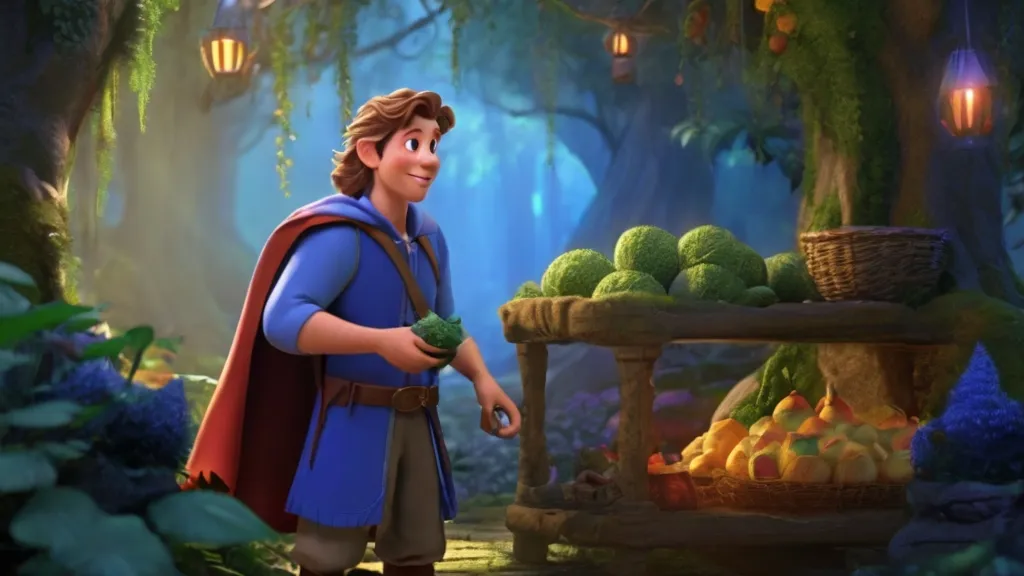 Eamon gathering food and herbs for Princess Isabella within the magical confines, his determined expression reflecting his commitment to caring for her. Eamon foraging for food in the mystical forest, a sense of determination in his eyes, showcasing his dedication to ensuring Princess Isabella's well-being.