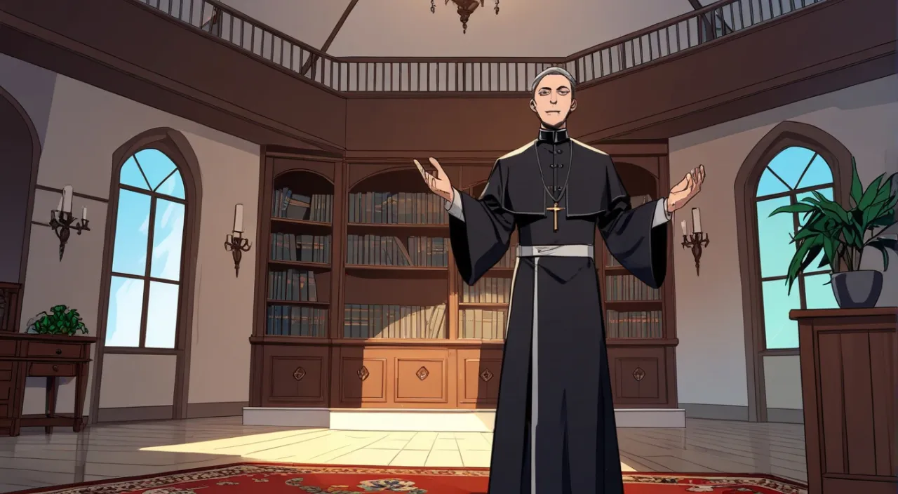 a cartoon of a priest standing in a room