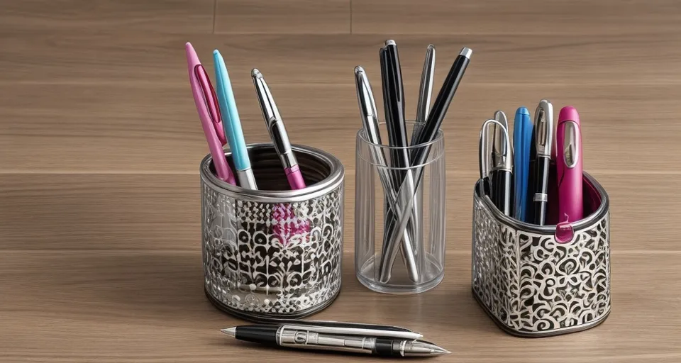 a pen holder with several pens in it