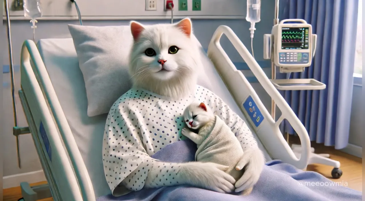 a white cat laying in a hospital bed