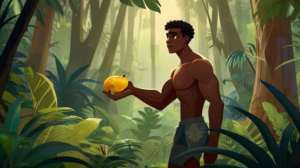 a man holding a colorful stone in a jungle, 3d animation