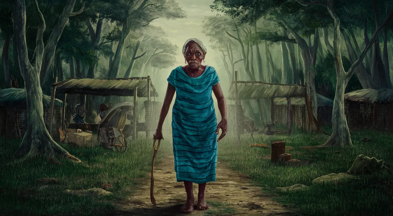 a painting of a woman walking through a forest