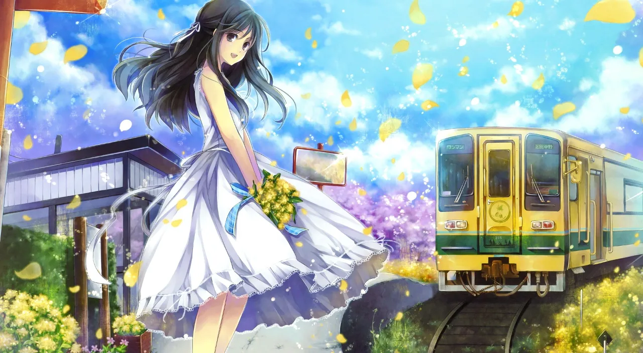 a woman in a white dress standing next to a train