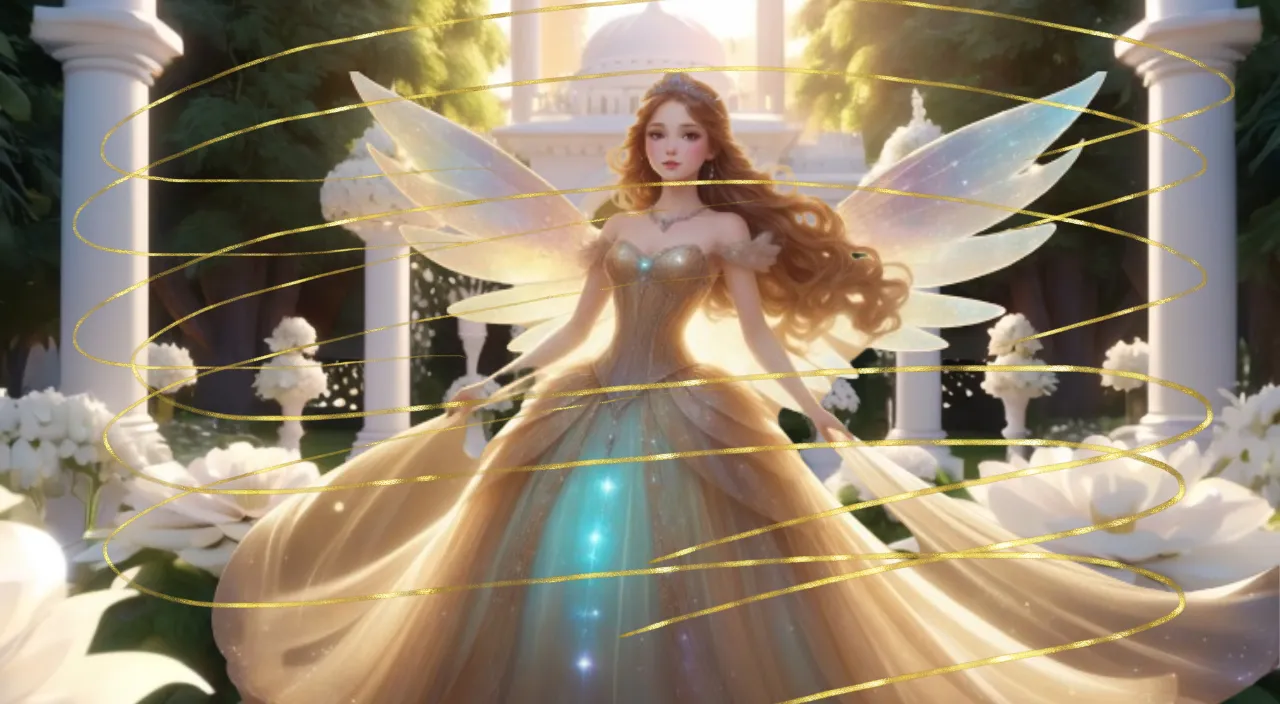 a fairy with big glittery wings standing in a garden, golden magical waves moving  around her