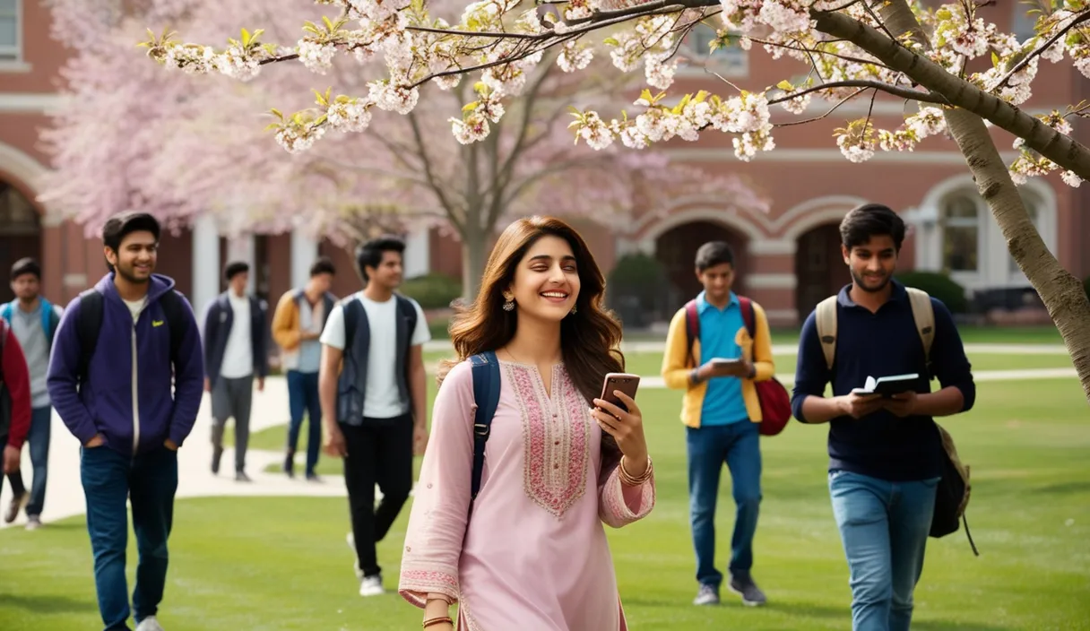 Campus Serenade: On a university campus, a Pakistani girl walking under a blossoming tree, a Bollywood song softly playing from her phone. The 4K wide shot captures students walking by and studying, but her smile and dreamy gaze reveal she is thinking about her boyfriend, who is attending a university in the United States, lost in her own romantic world.