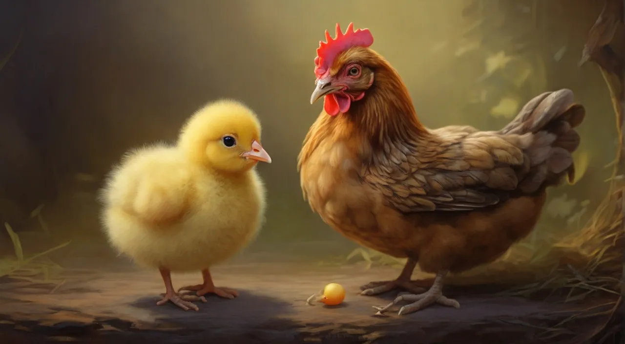 a chicken standing next to a chicken in a forest