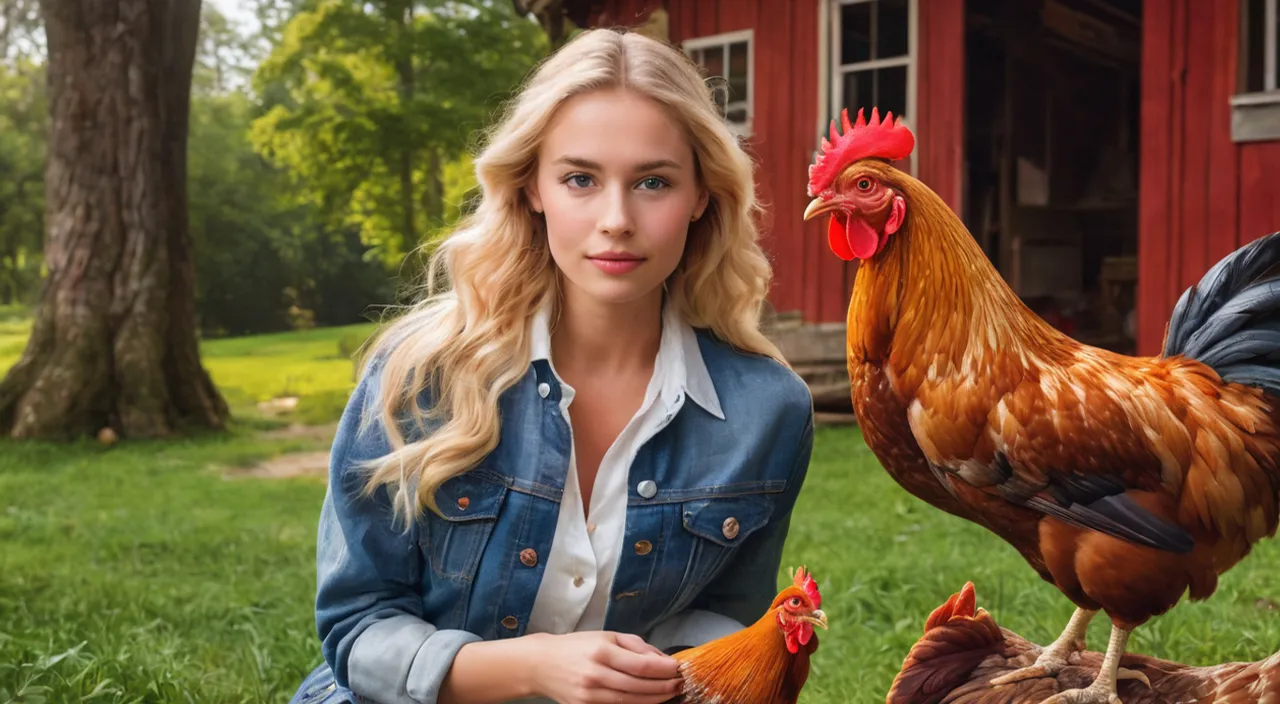 a woman sitting in the grass next to a rooster