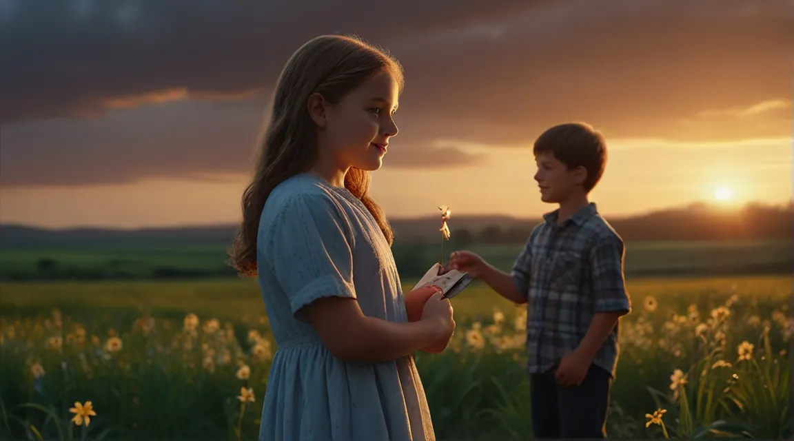 a boy and a girl standing in a field