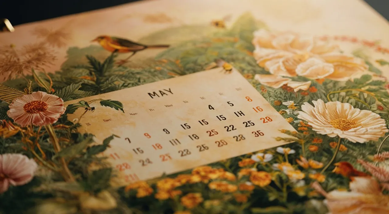 a calendar with a bird and flowers on it