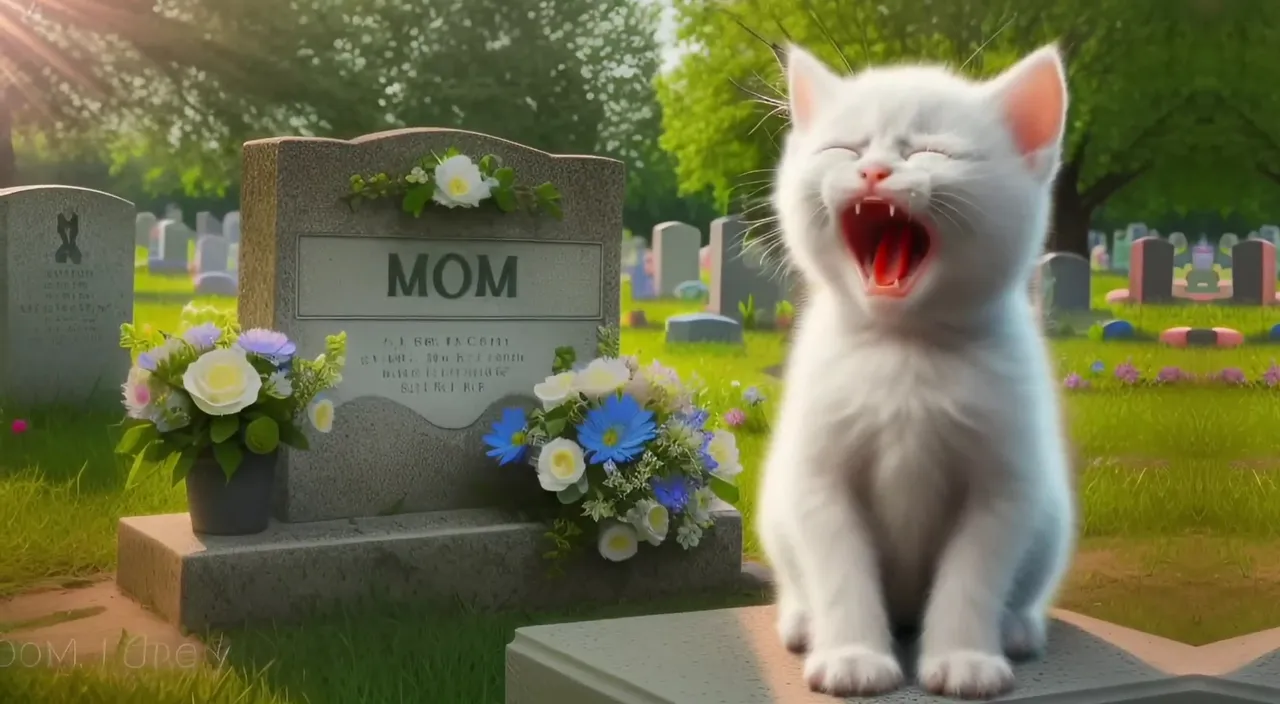 a white cat yawns while sitting on a grave