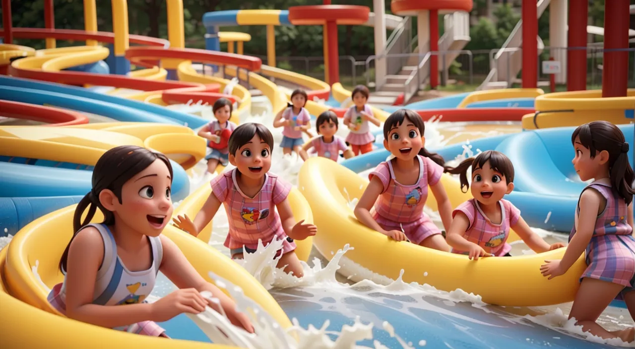 a group of children playing in a water park