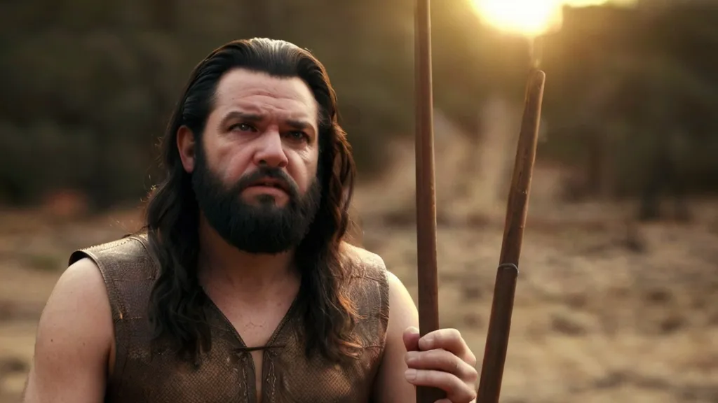 a man with long hair and a beard holding two sticks