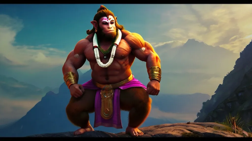 Create a god hanuman with a golden background, 8k, size of 1920x1080, colorful
