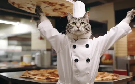 a cat dressed as a chef holding a pizza