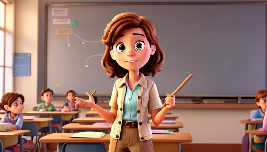 a cartoon character standing in front of a classroom full of students, blinking, smiling