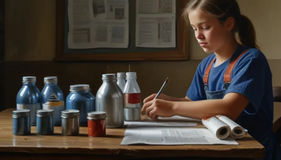 a young girl sitting at a table writing on a piece of paper