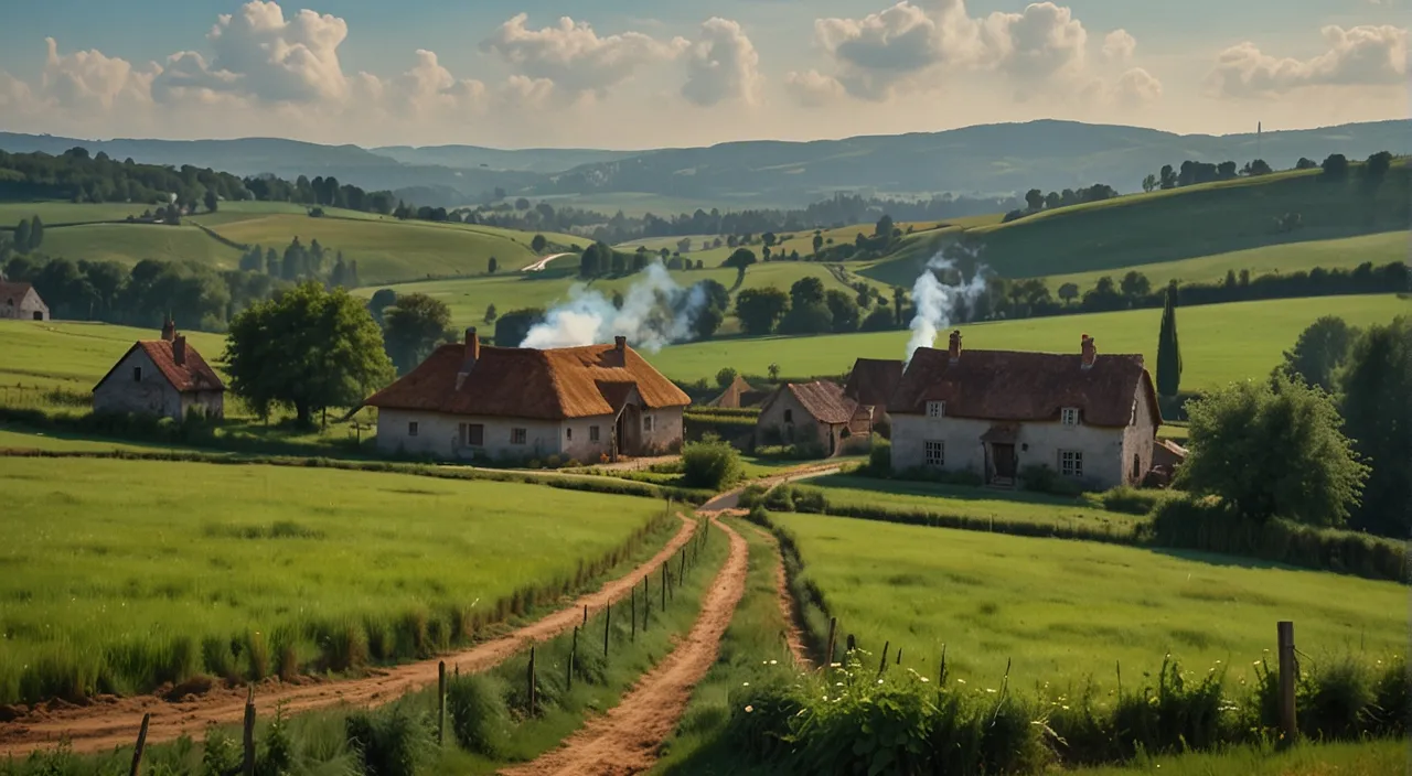 a rural landscape with a dirt road leading to a farm house