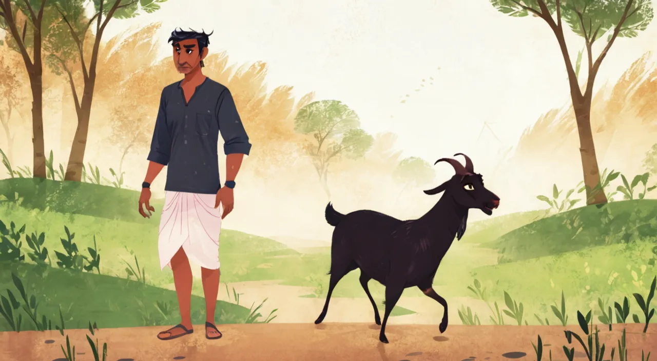 a man standing next to a goat on a dirt road