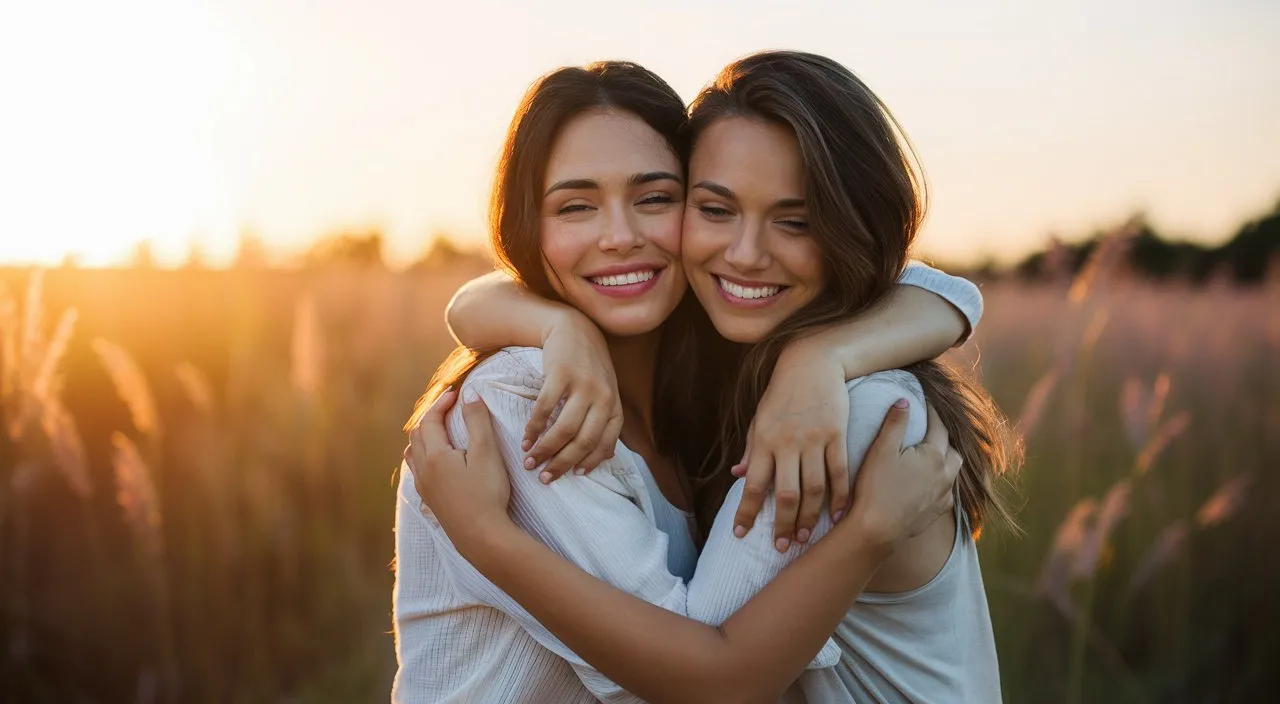 two female friends embrace each other affectionately at sunset, while the camera slowly moves away, symbolizing their eternal bond and the strength of their friendship.