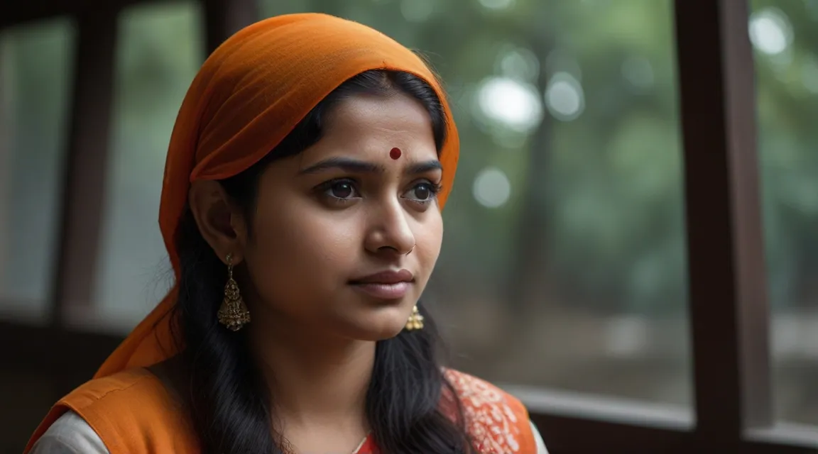 a woman with a bright orange turban looks off into the distance