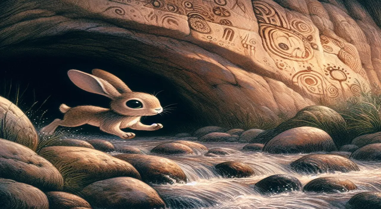 a painting of a rabbit running out of a cave