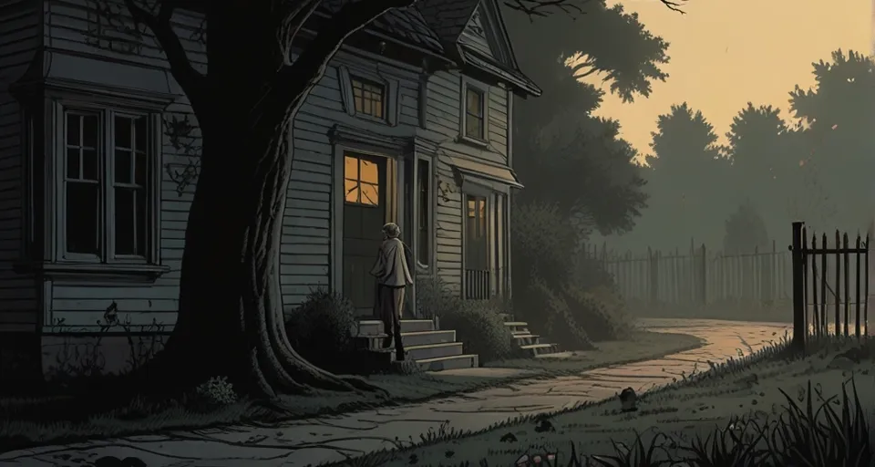 a person standing outside of a house at night