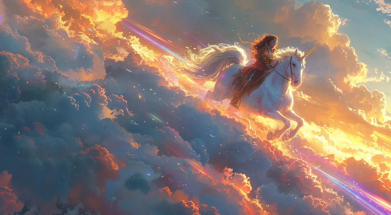 a painting of a woman riding a horse in the clouds