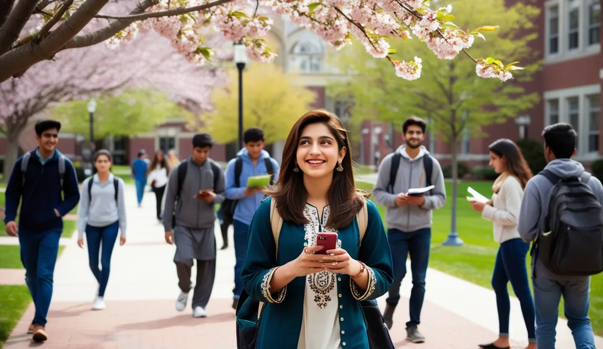 Campus Serenade: On a university campus, a Pakistani girl walking under a blossoming tree, a Bollywood song softly playing from her phone. The 4K wide shot captures students walking by and studying, but her smile and dreamy gaze reveal she is thinking about her boyfriend, who is attending a university in the United States, lost in her own romantic world.