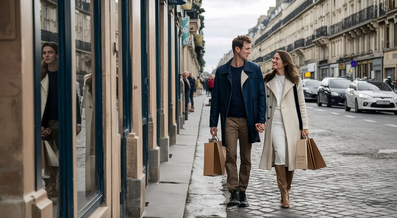 Scena di shopping lungo Avenue des Champs-Élysées: L' uomo e la donna innamorati passeggiano mano nella mano, guardando le vetrine delle boutique di lusso.